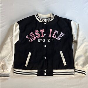 Justice Black and White Varsity Jacket with Pink Lettering